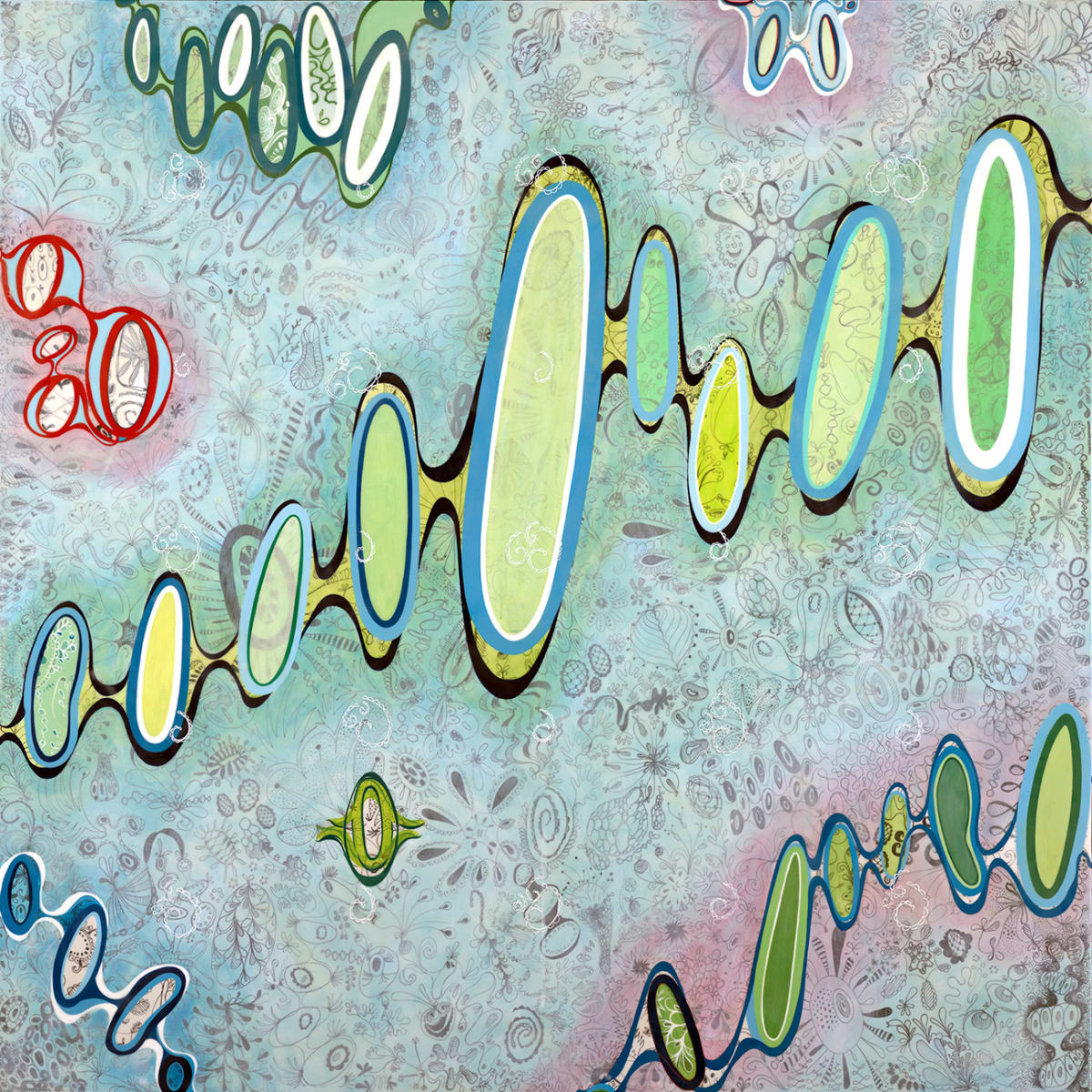 Sugar Sky  Image: "Sugar Sky" is a layered, mixed media painting with a predominance of light blues. Up close, I've incorporated a multitude of doodled imagery, from faces to whimsical, organic shapes. The ovals stem from my love of the shape, as well as cells, as I was a biology minor in college. (I loved looking through the microscope at various organisms.) 

The blue comes from my love of the sky, which is an exciting natural feature, as I live in a generally gray Pacific Northwest.

Finally, the piece comes framed in an exterior maple strip frame, which adds an additional 3 inches to the overall height and width.