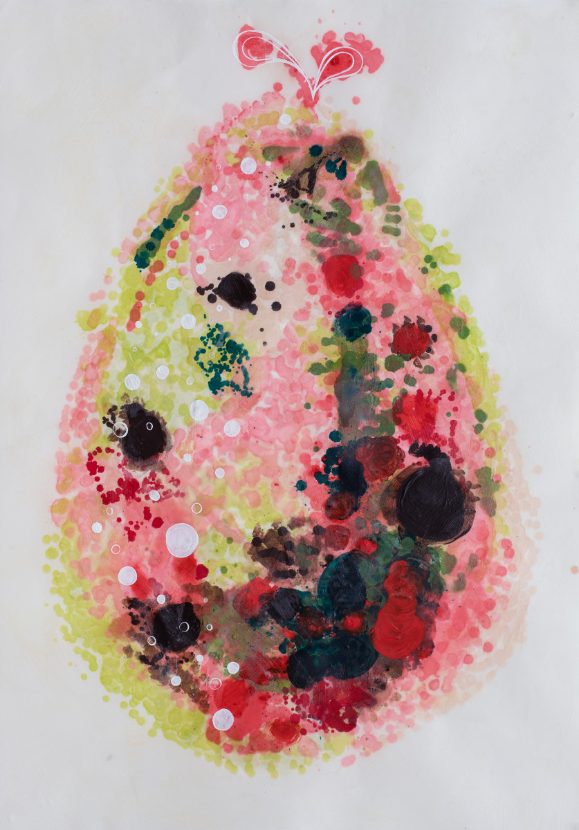 Carbonated Egg by Cynthia Mosser  Image: The surprise for me in making this piece was the initial accident of wax splashing onto the paper. I ended up painting wax (then melting it with a heat gun) onto the entire piece, and was happily surprised by the results.