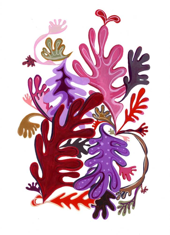 Hands & Leaves  Image: A gouache, leaf-like painting incorporating reds and red-violets.