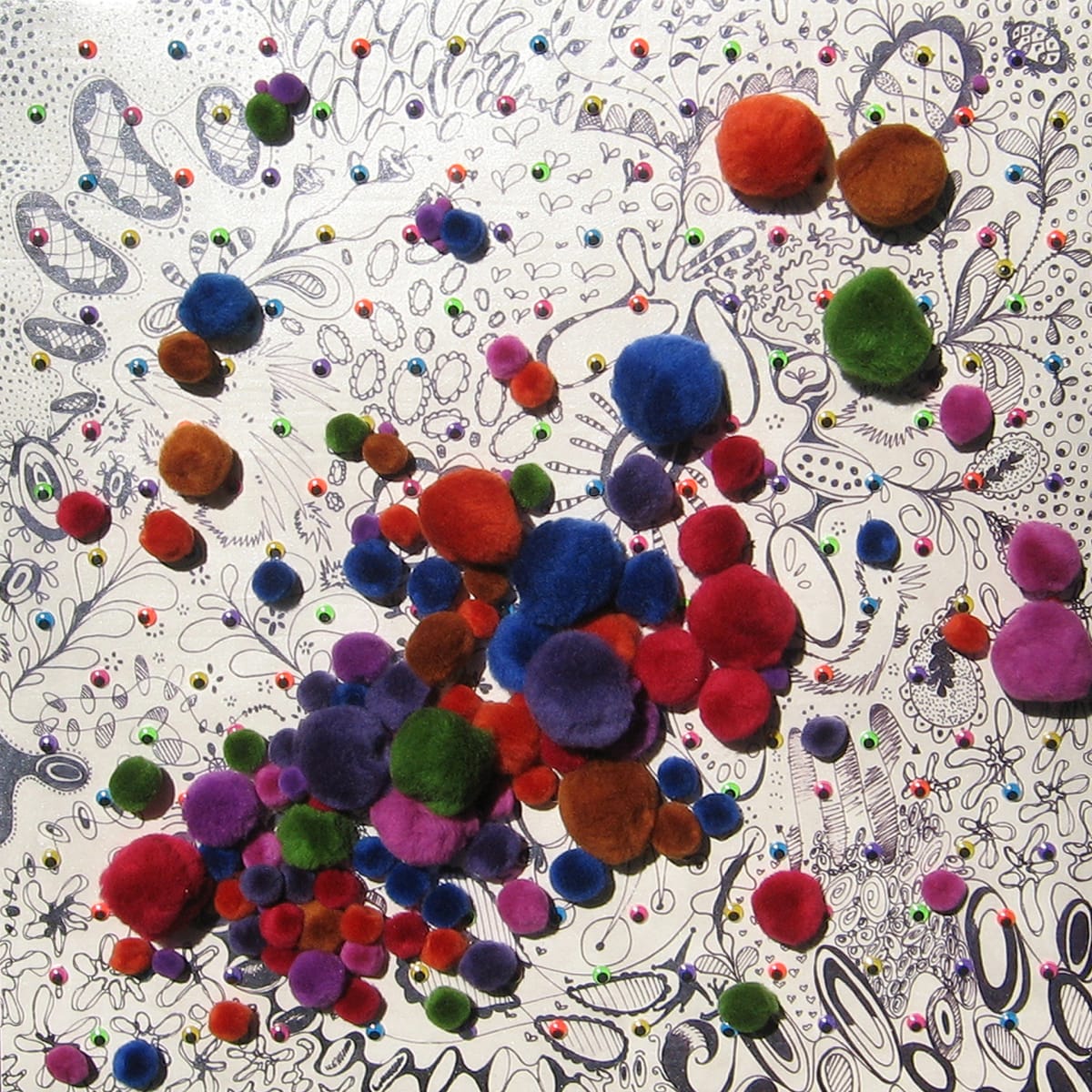 Puff Pop by Cynthia Mosser  Image: A mixed media painting incorporating layers of drawing, tiny eyeballs and multicolored puffs. The white of the background has a slight iridescent sheen.