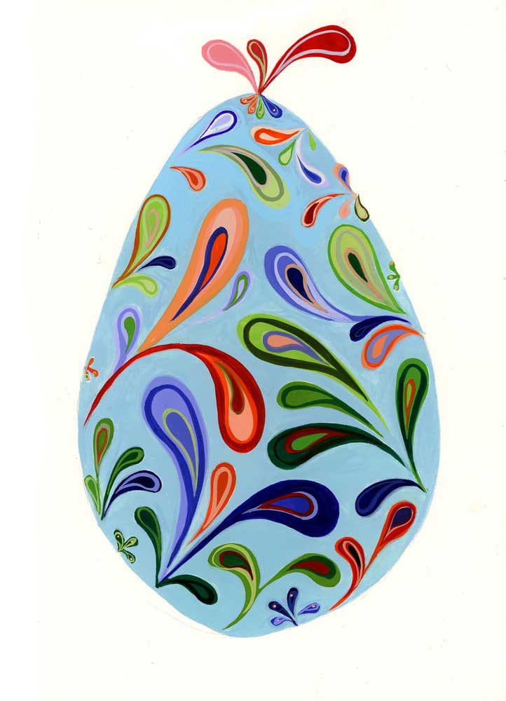 Spring Egg by Cynthia Mosser  Image: A light blue, colorful paisley Easter egg painted in matte gouache.