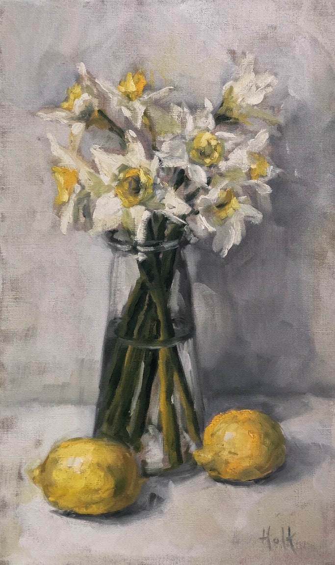 Daffodils with two Lemons by Holt Cleaver 