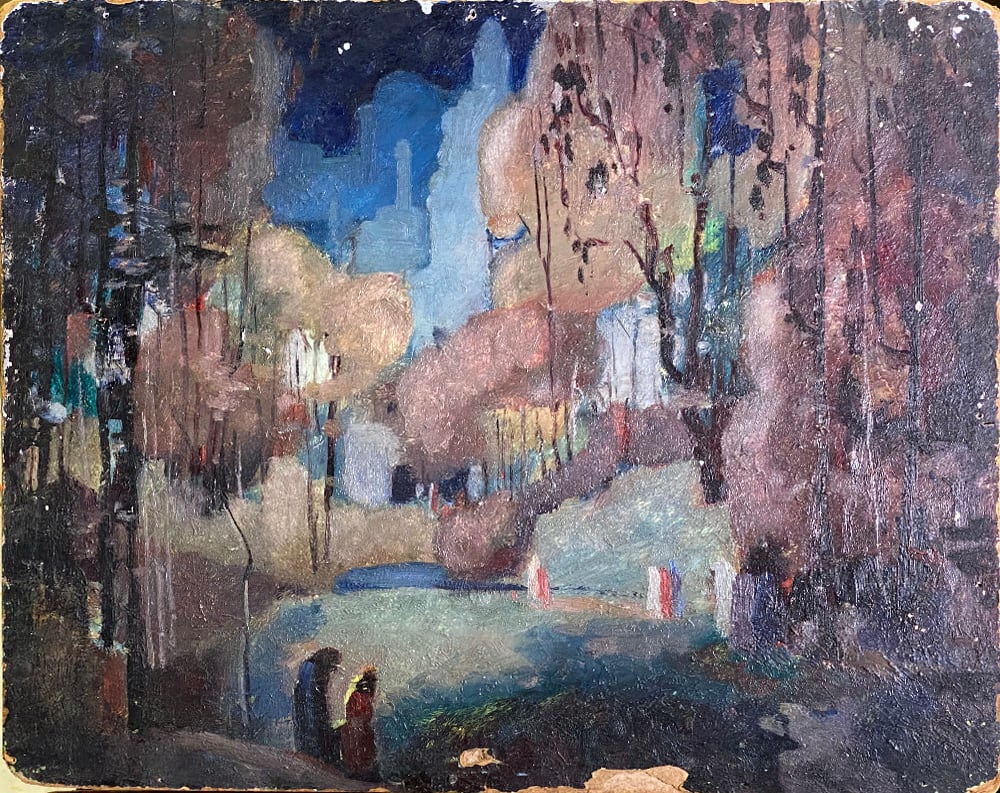 Two sided panel, walking figure in dark settings by Tunis Ponsen, Image 1.