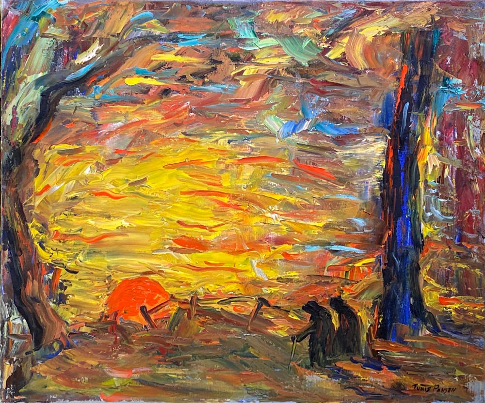 Fiery Sundown with Hunched Figures by Tunis Ponsen 