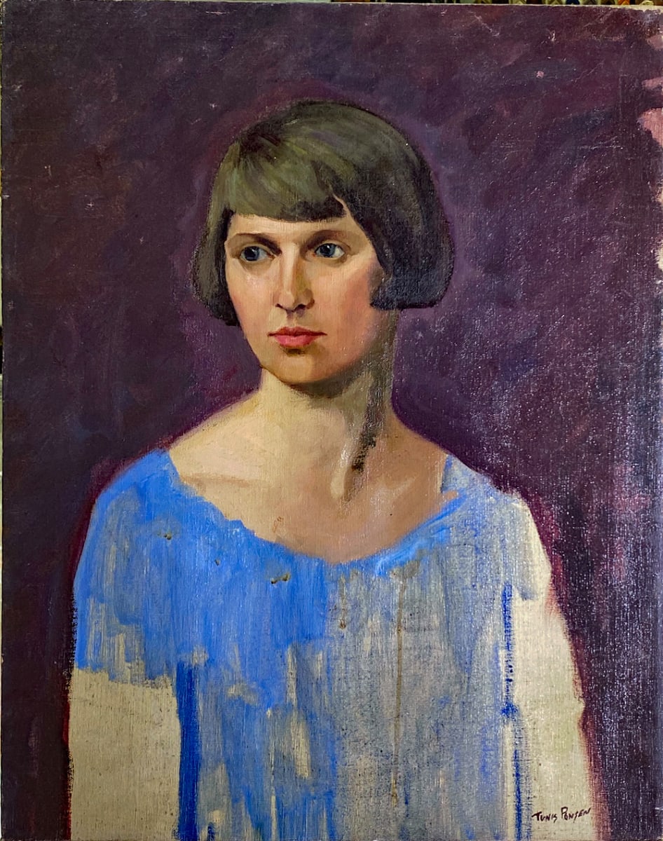 Portrait of Woman with Short Hair and Blue Dress against purple background by Tunis Ponsen 