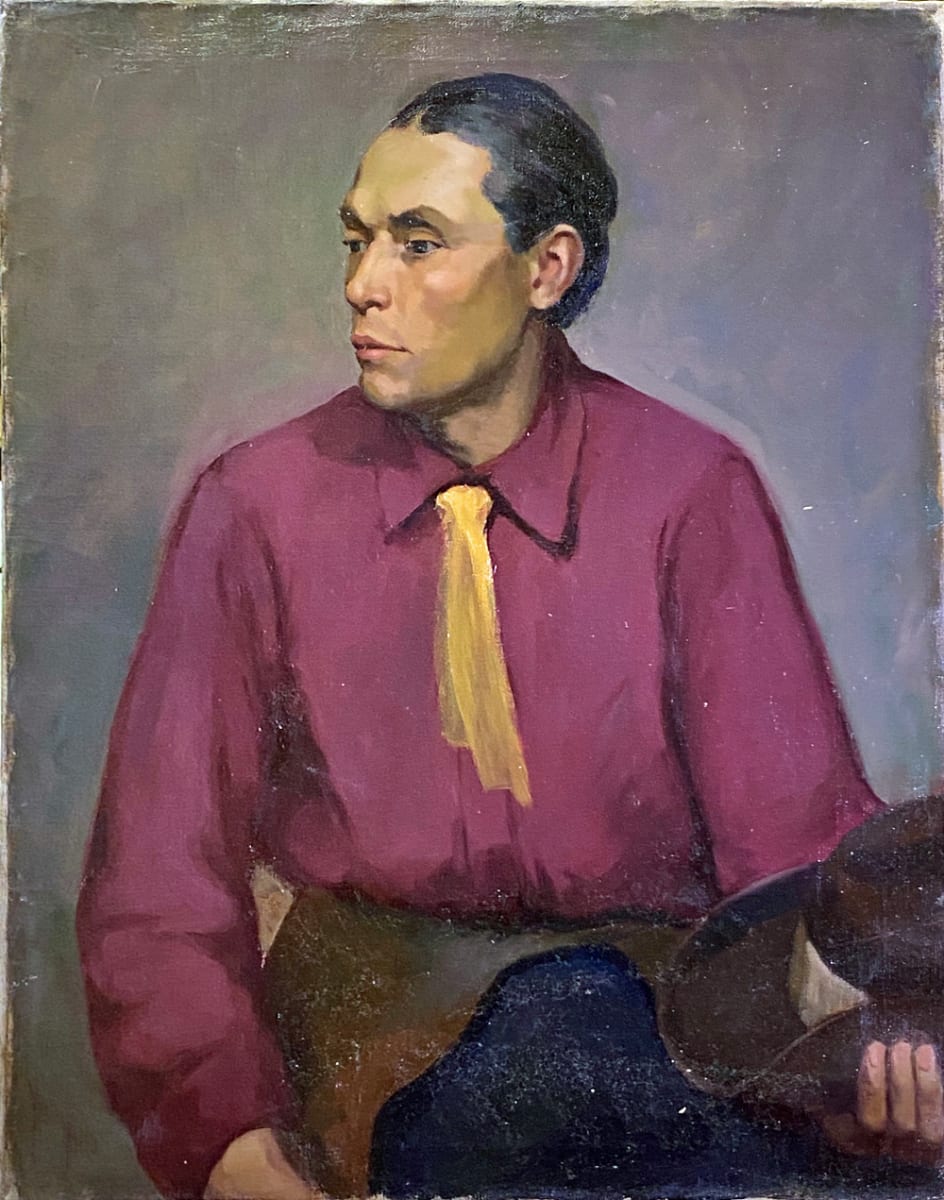 Man in Chaps w Yellow Scarf Tie and Western Hat by Tunis Ponsen 