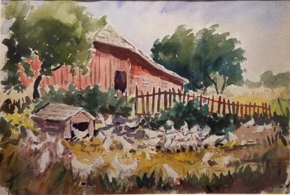 Chickens with Red Picket Fence by Tunis Ponsen 