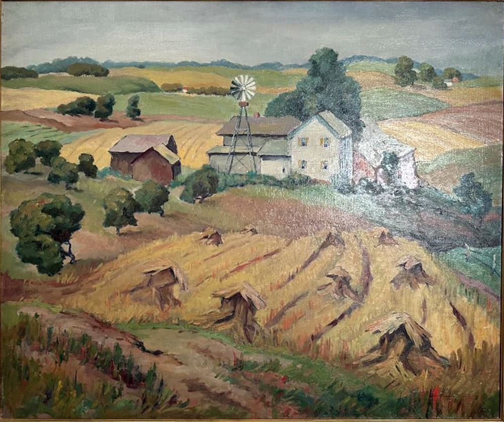 Grain Shocks with Farm and Windmill by Tunis Ponsen, Image 3.