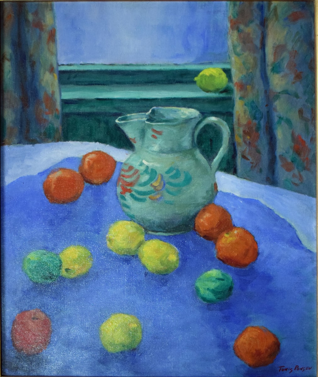 Pitcher on Blue Draped Table with Fruit by Tunis Ponsen, Image 2.