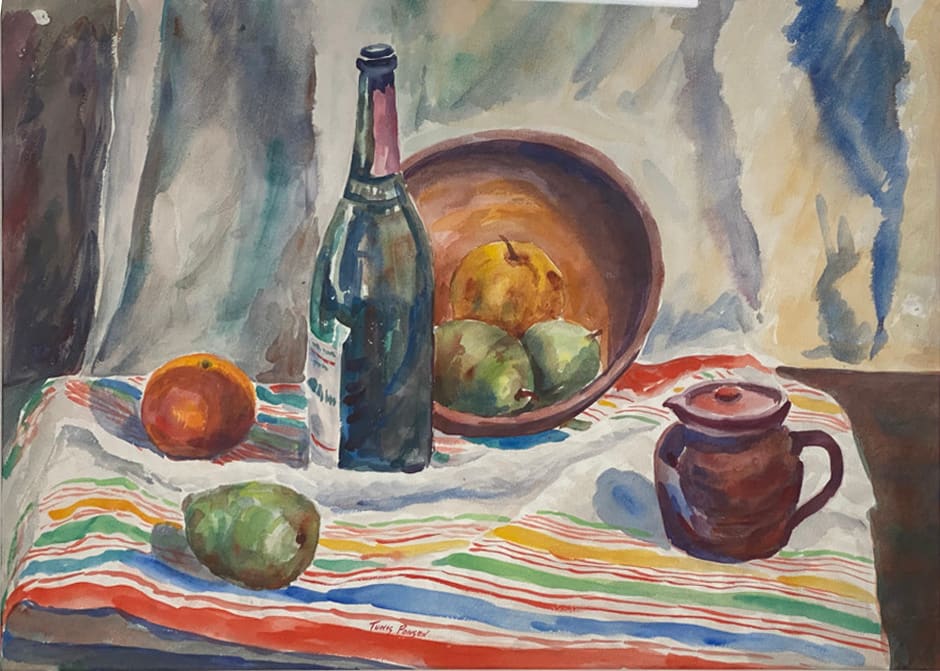 Wine Bottle with Fruit and Striped Cloth by Tunis Ponsen 