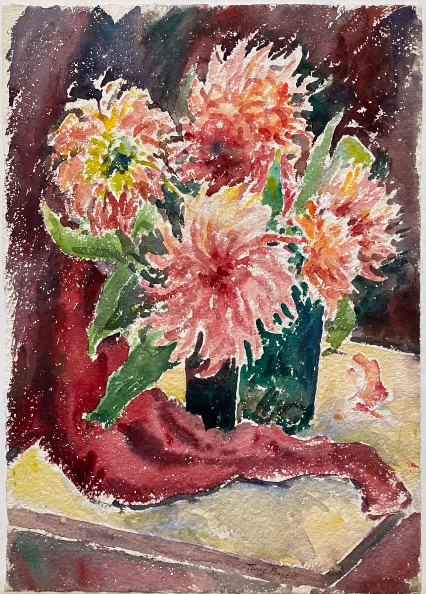 Red/Orange Flowers in Vase with Red Cloth on Table by Tunis Ponsen 