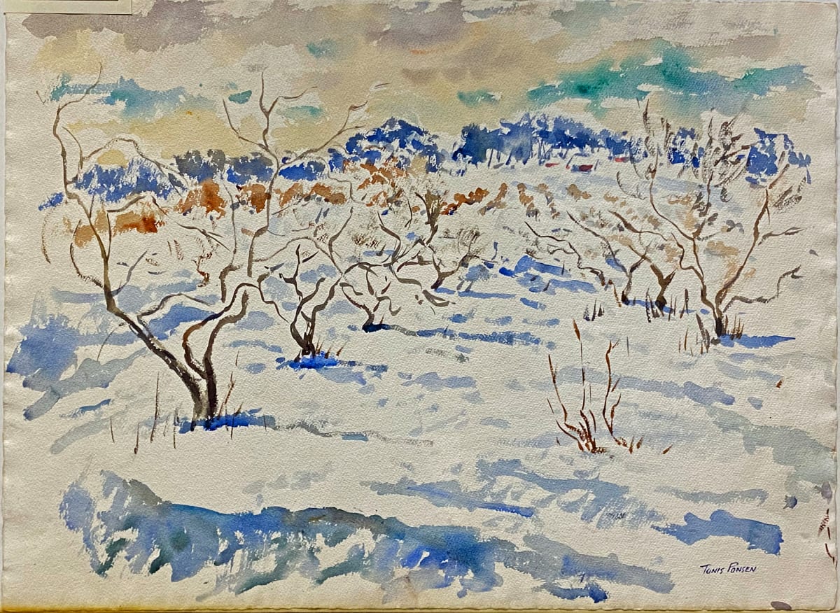 Orchard Trees in Winter with Farm Buildings in Distance by Tunis Ponsen 