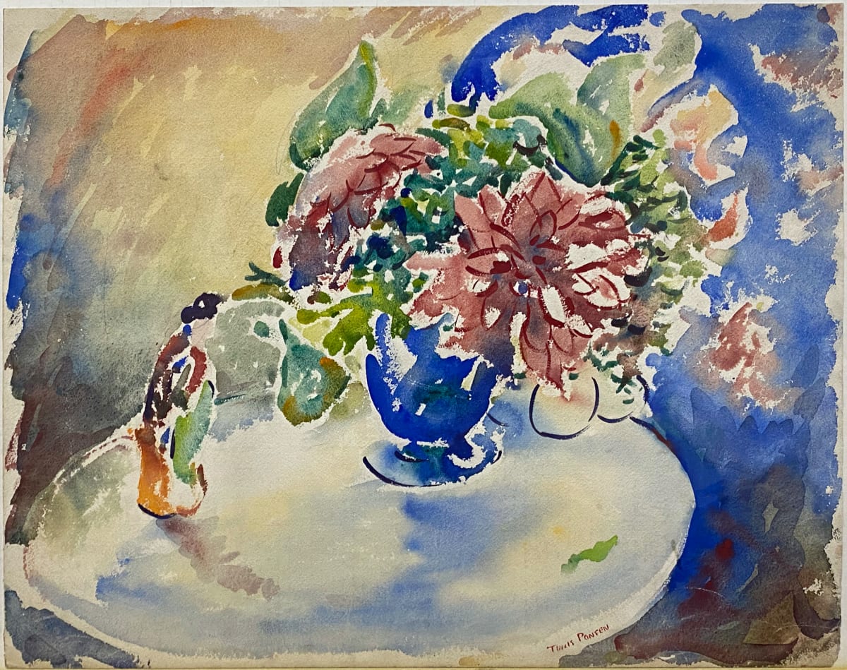 Flowers in Blue Vase with Figurine on Round Table by Tunis Ponsen 