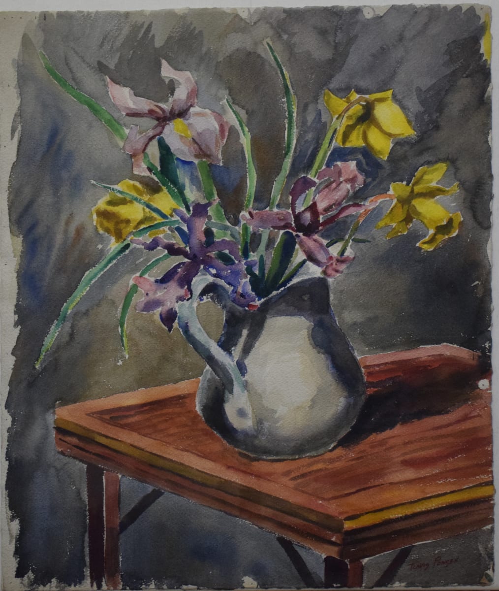 Daffodils and Iris in Pitcher on Table by Tunis Ponsen, Image 1.
