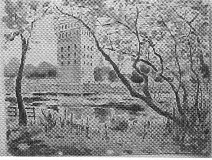 Tall Building on Pond with Dock by Tunis Ponsen, Image 1.