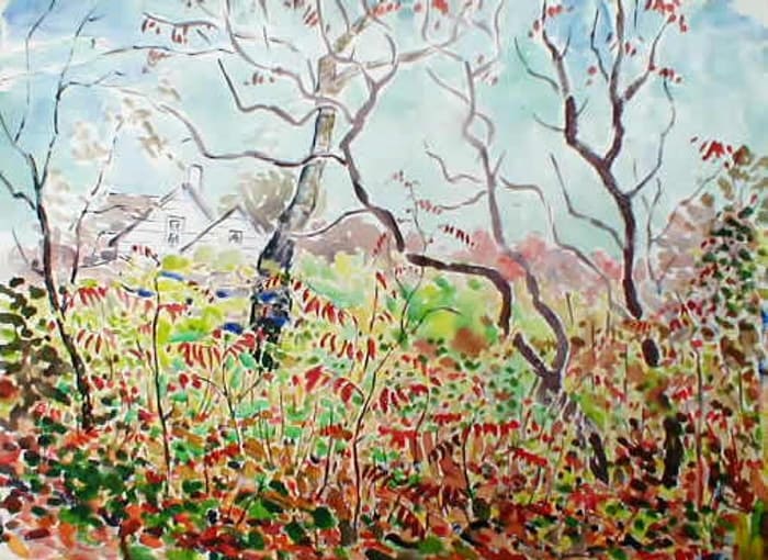 Farmhouse through the Red Foliage by Tunis Ponsen, Image 1.