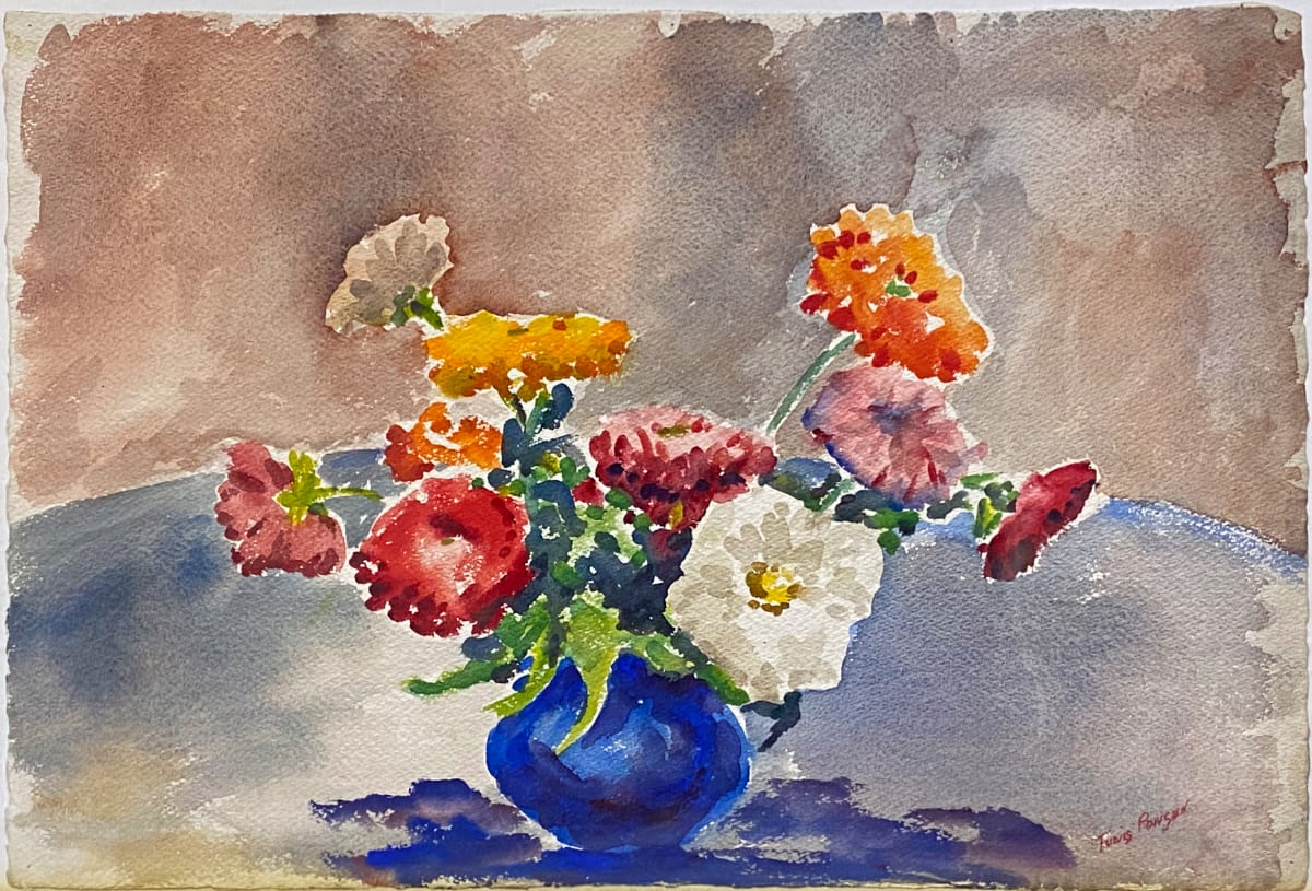 Small Blue Vase with Flower Mix by Tunis Ponsen, Image 2.