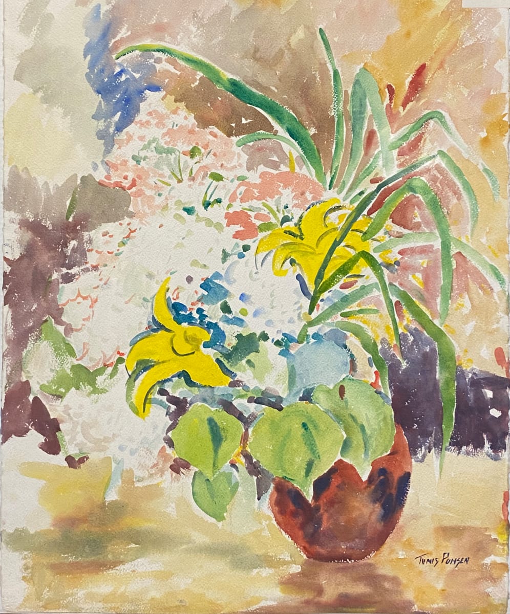 Yellow Flowers in Rust Vase by Tunis Ponsen, Image 1.