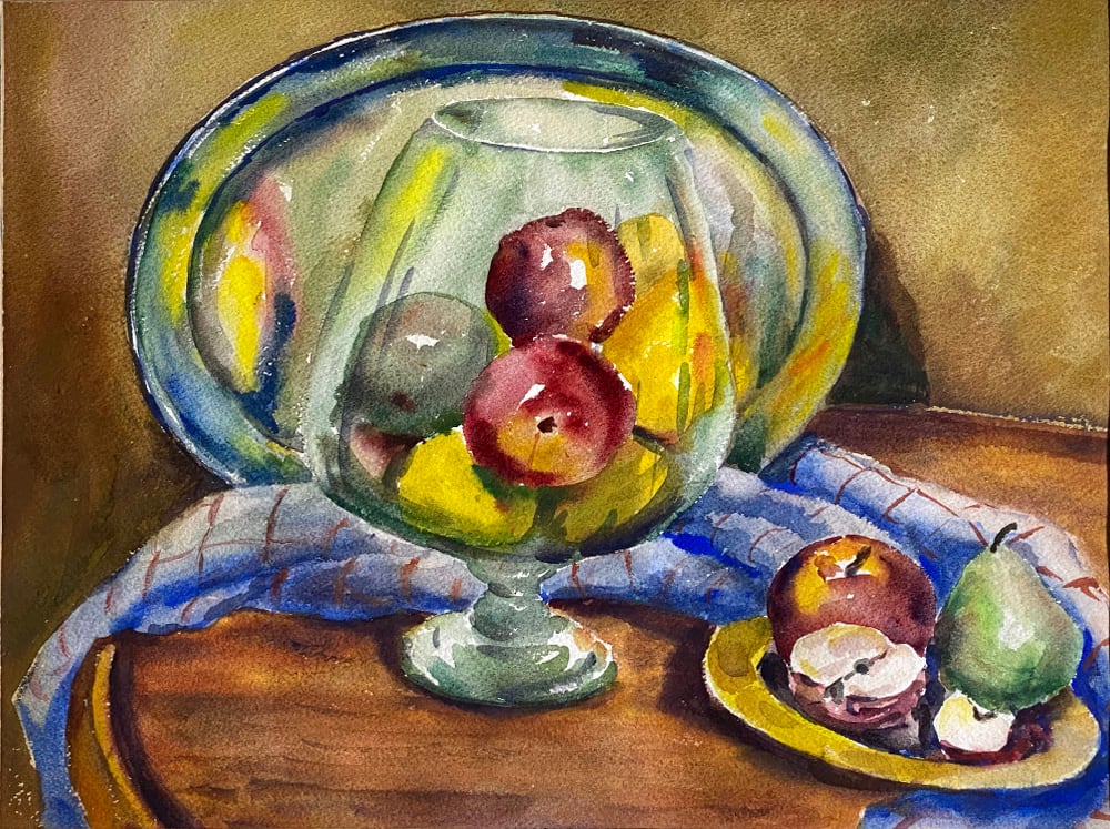 Still Life; Apples and Pears in a Glass Bowl w Platter by Tunis Ponsen 