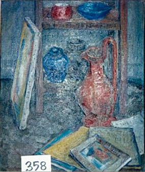 Interior scene with Red Urn, Paintings, Art Books and Pottery by Tunis Ponsen 