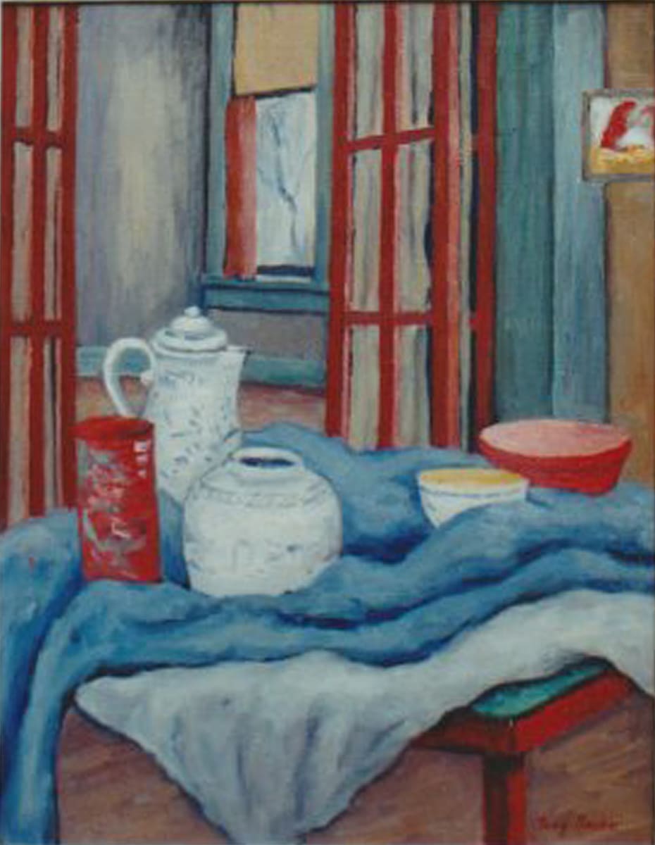 Still Life with Red bowl, Vase and White Pitcher on Red Table by Tunis Ponsen 