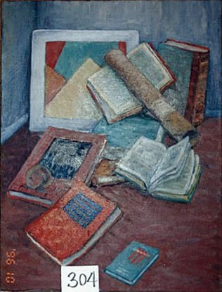 Still Life with Books, Painting and Roll of Kraft Paper by Tunis Ponsen 