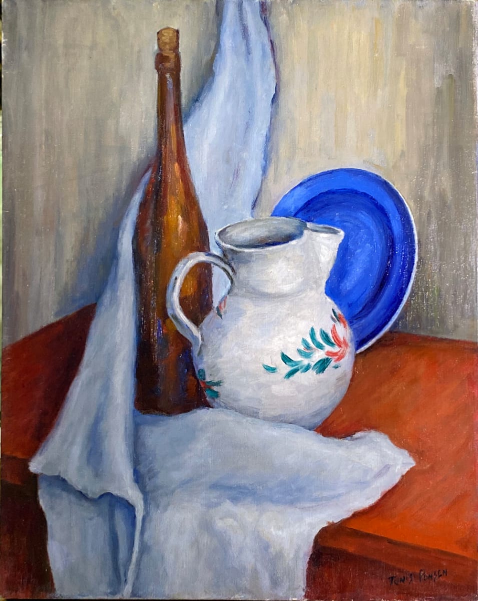 Still life w Wine Bottle, Blue Plate and Pitcher on Red Table by Tunis Ponsen 