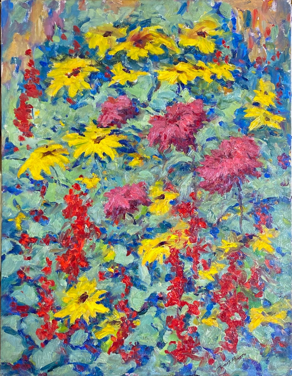 Black eyed Susans with Red and Pink Flowers and blue background by Tunis Ponsen 