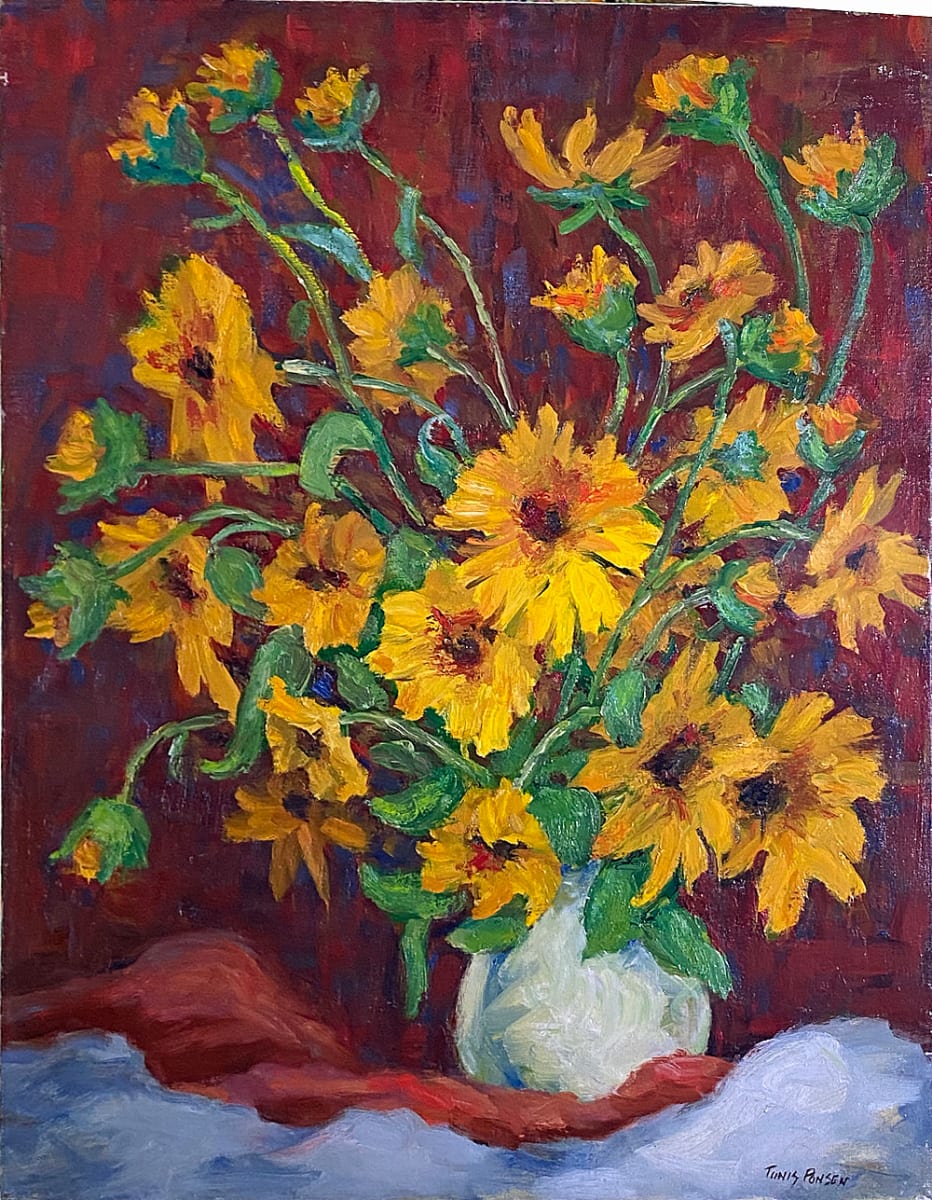 Yellow Flower Arrangement in White Vase by Tunis Ponsen 