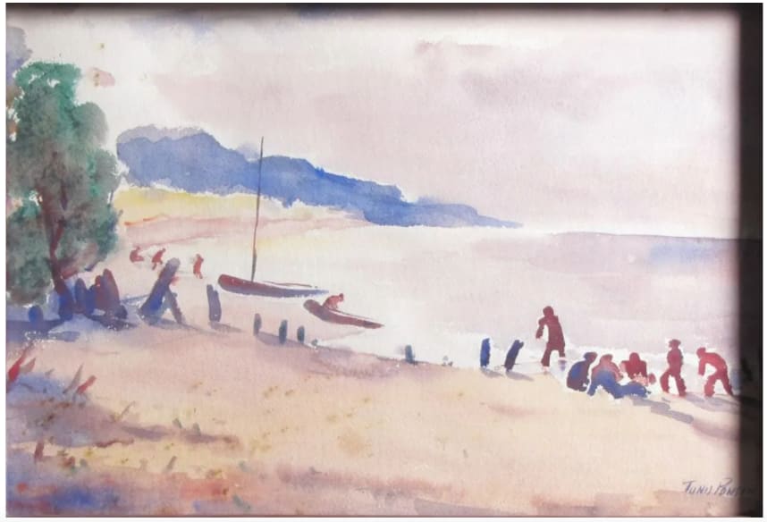 Beach Scene with Sailboat by Tunis Ponsen, Image 3.