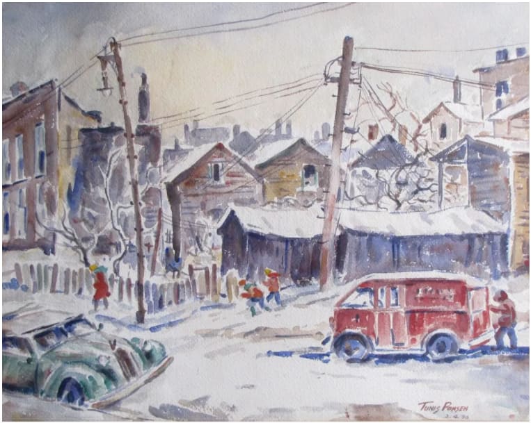 Winter Street Scene with Red Van by Tunis Ponsen, Image 1.