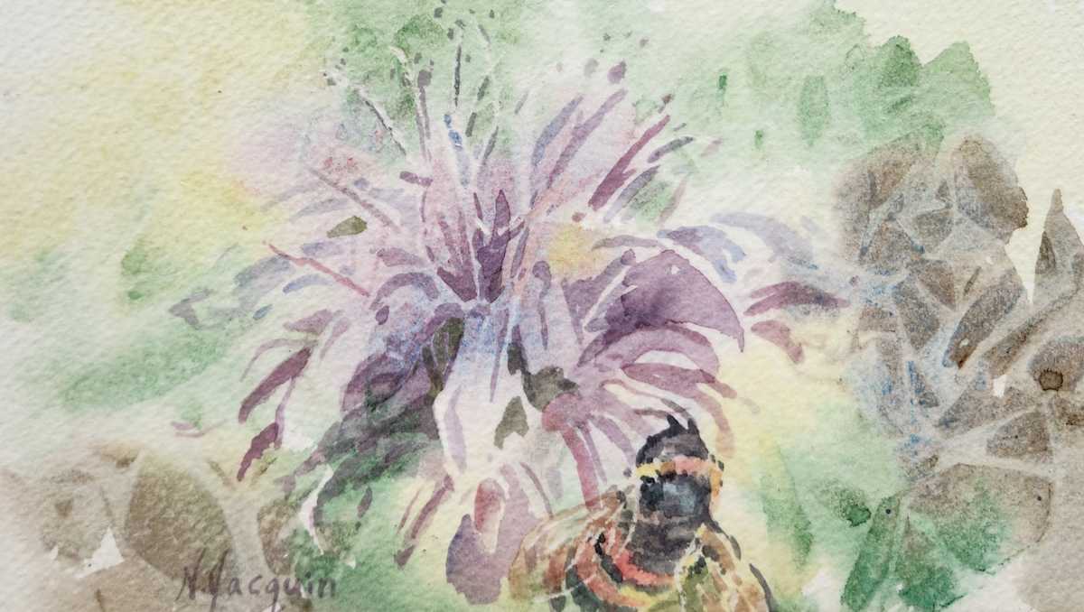 I'll Be by Nikki Jacquin  Image: 4.25" x 8" watercolour image mounted on 9" x 12" white and birch cradleboard.