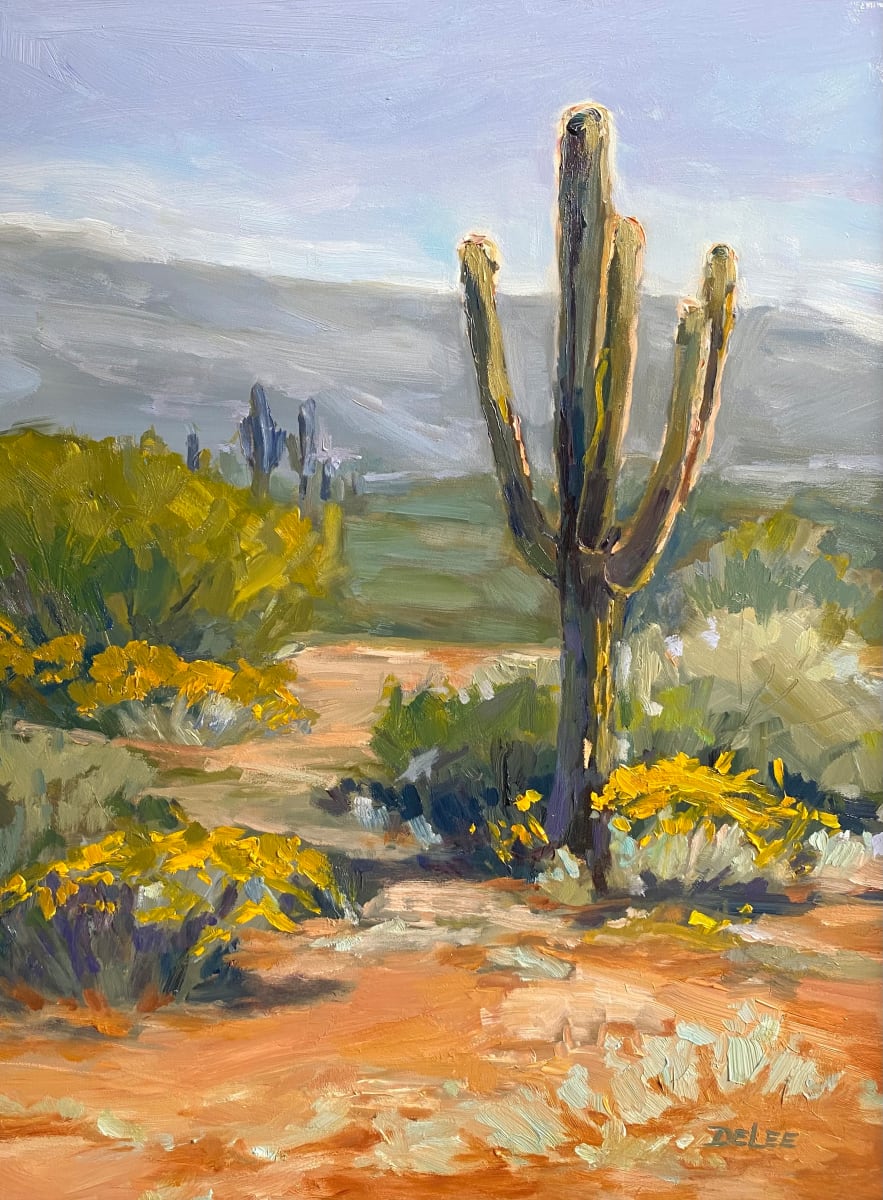 "DESERT BLOOMS" by DeLee Grant  Image: Escaping our cold winters in Canada, it is often a great break to head south with the snowbirds.  This piece was painting "en plein air" in the hot Arizona desert in March.  The recent moisture received in the desert made for some beautiful desert blooms. 