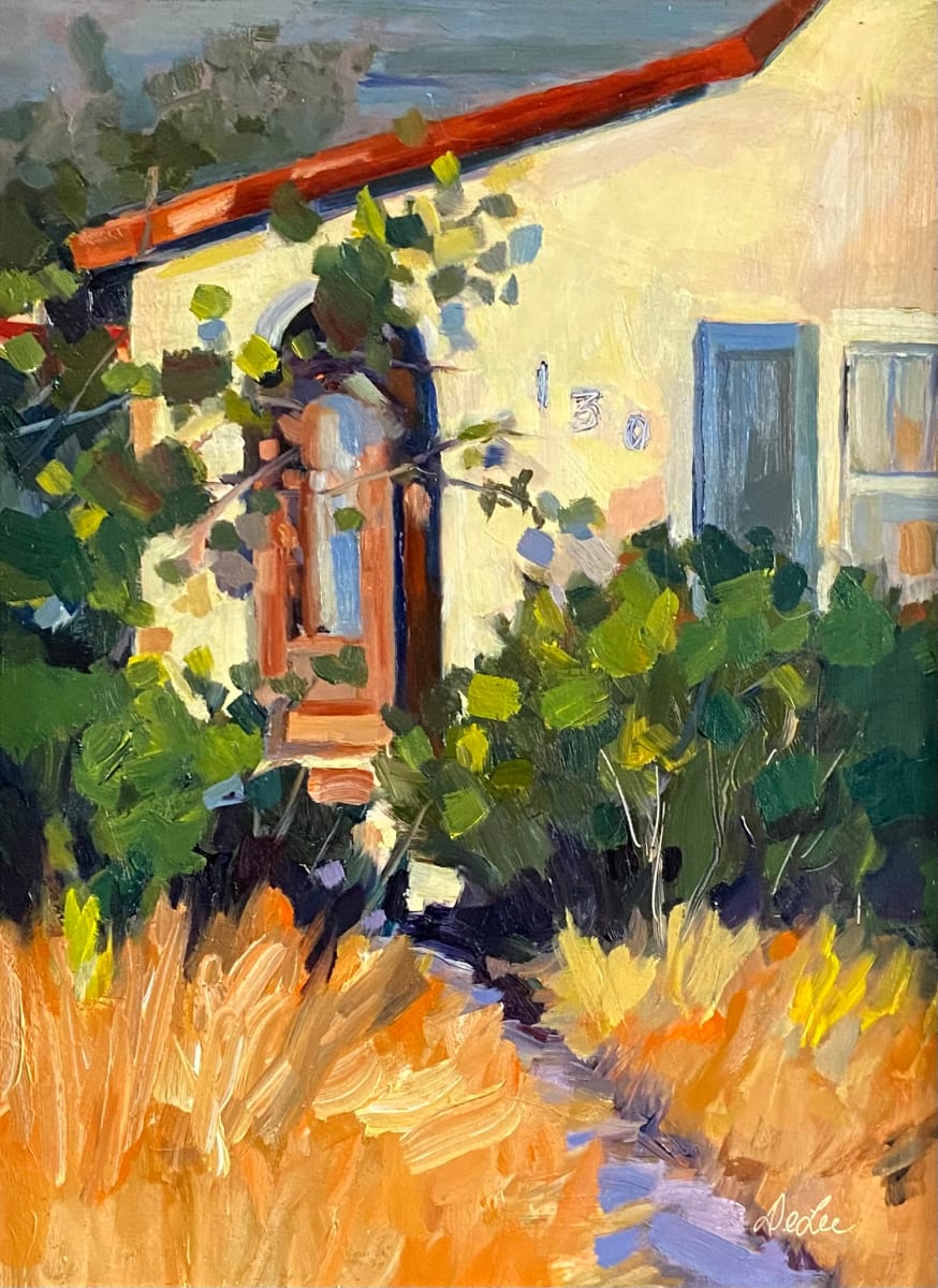 "OVERGROWN" by DeLee Grant  Image: I was drawn to the overgrown pathway and the beautiful morning light which lit up the front entrance way.  It was a vacant home in a small village.  I wondered where the family had gone and why they left this home with such great character.  It was a pleasure to paint with the perfect light and it's great architectural lines. 