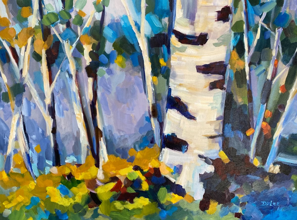 "STANDING ALONE" by DeLee Grant  Image: Birch trees are one of my favourite subjects to paint.  Every tree has their own unique character and marks.  There are many hiking trails weaving through these birch forests and it is always a pleasure to walk these trails.