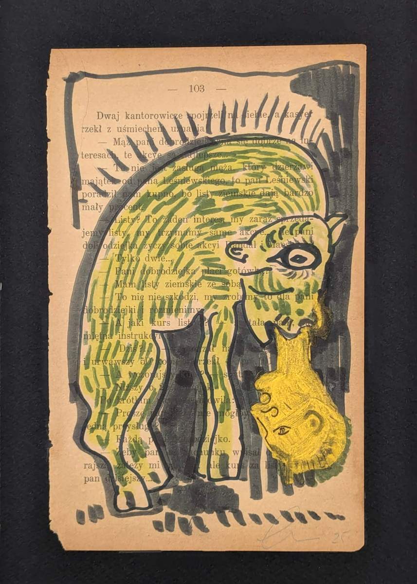 Monster Eating Human by annekwasner@gmail.com  Image: A mixed media drawing piece sold at solo exhibition Tilqua Tilqua Gallery More Than An Object. Influenced by Byzantine Art.