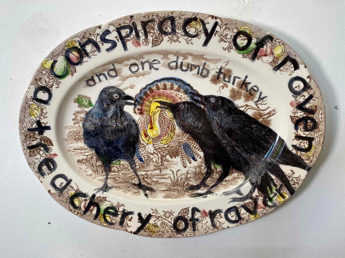 A Conspiracy of Ravens and One Dumb Turkey by annekwasner@gmail.com  Image: Upcycled plate with onglaze. 