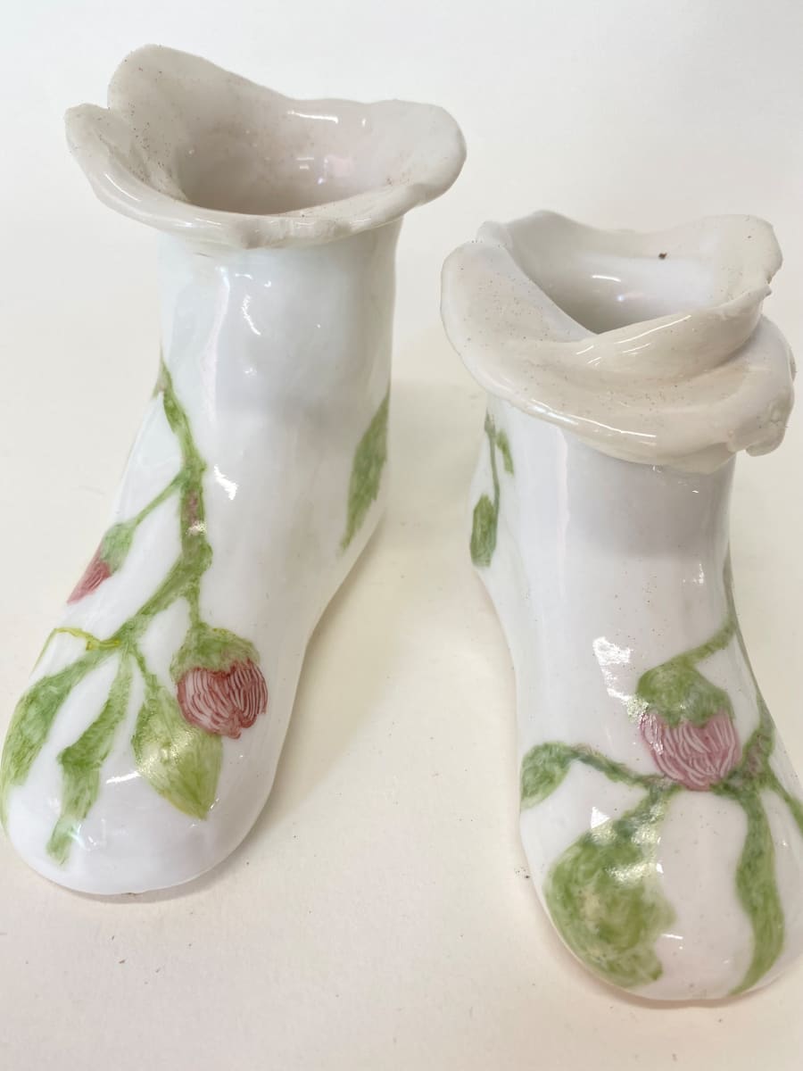 Berry Shoes by annekwasner@gmail.com  Image: A pair of slip cast porcelain shoes, flowers hand painted with on-glaze.