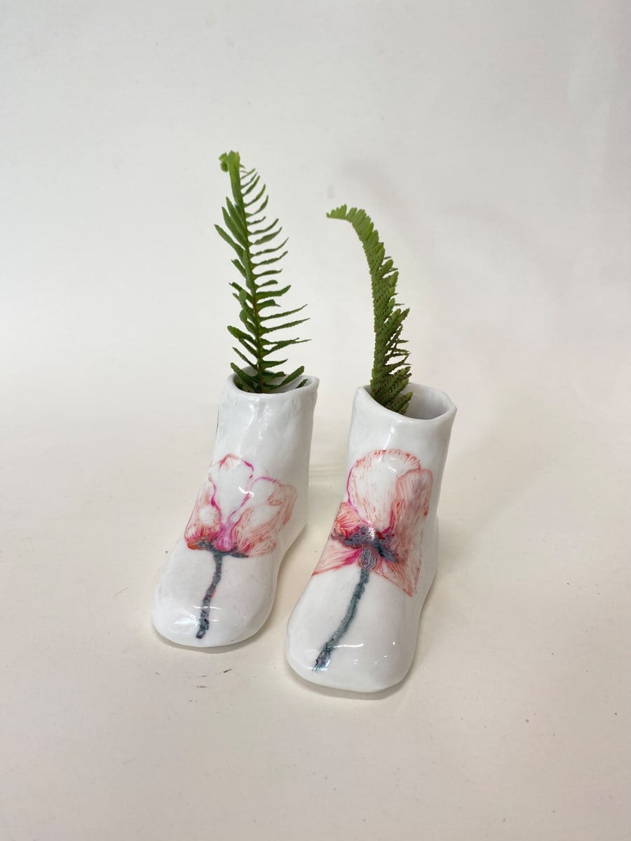Red Poppy Shoes by annekwasner@gmail.com  Image: A red poppy painted on on-glaze on porcelain slip cast shoes.