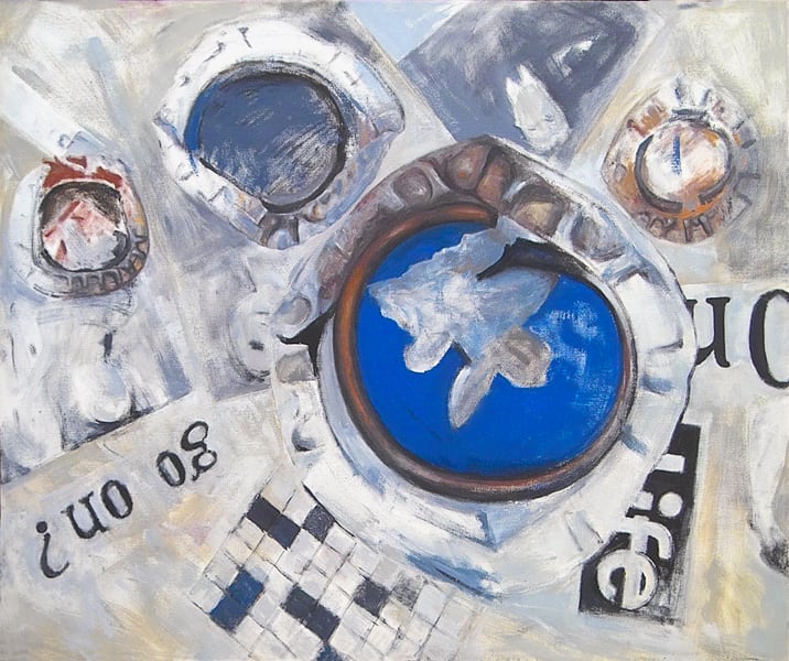 "go on?"  Image: Oil on canvas painting, words questioning, crossword puzzle