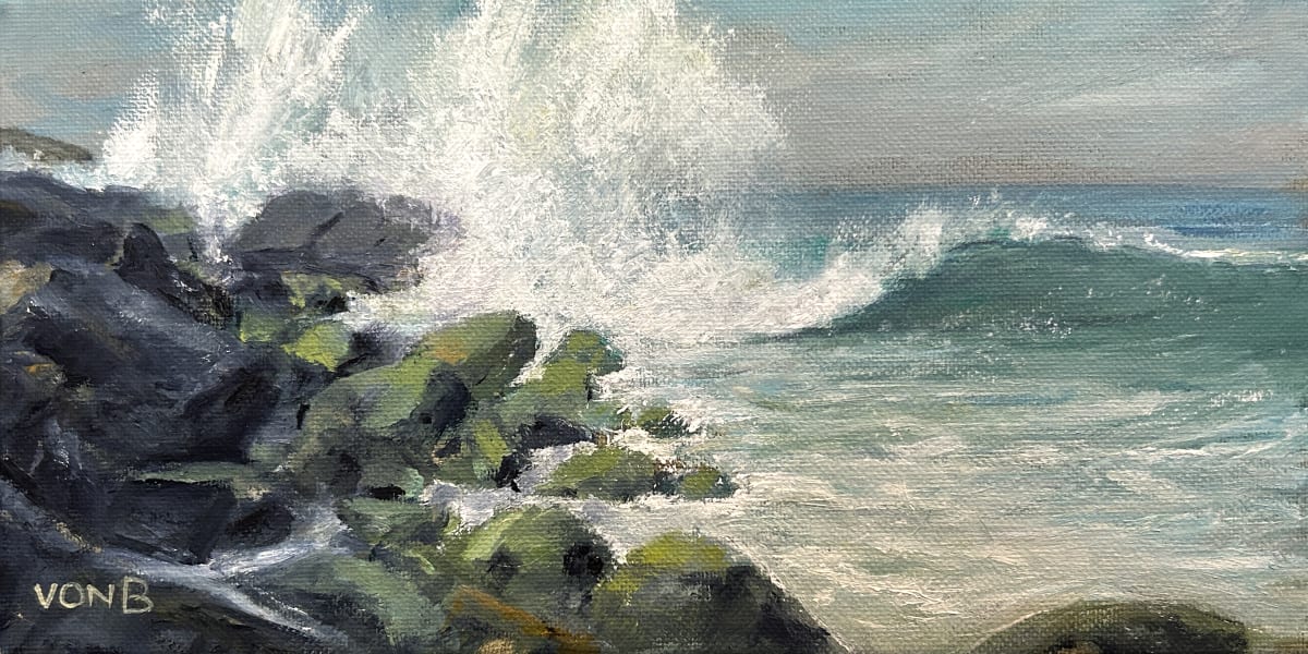 On Point by John von Buelow  Image: Based on Howard Freedman's image this is my interpretation of the waterworks at Point Magu.  A great splash on the "giggle gap" rocks and a clean wave to go with it. 