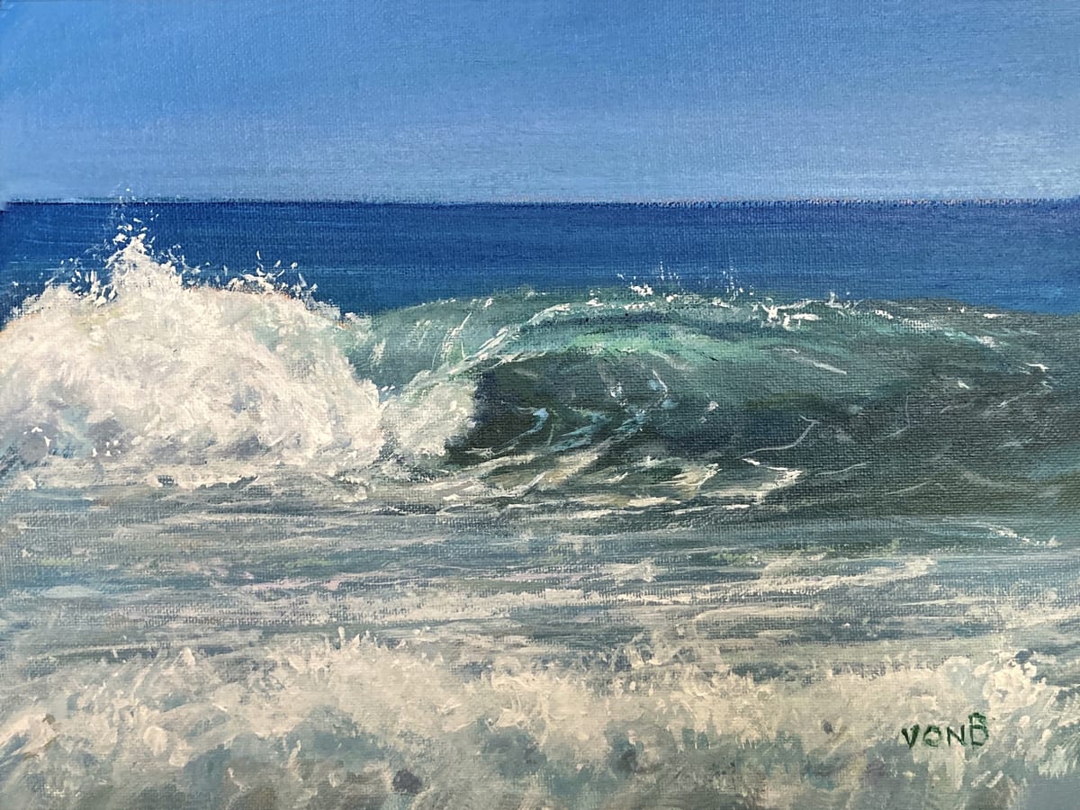 Thick Wave at San Simeon by John von Buelow  Image: I went back to acrylics for this one. This is from a recent camping trip on the Central California Coast and caputes a product of a long period South swell pumping some juice.