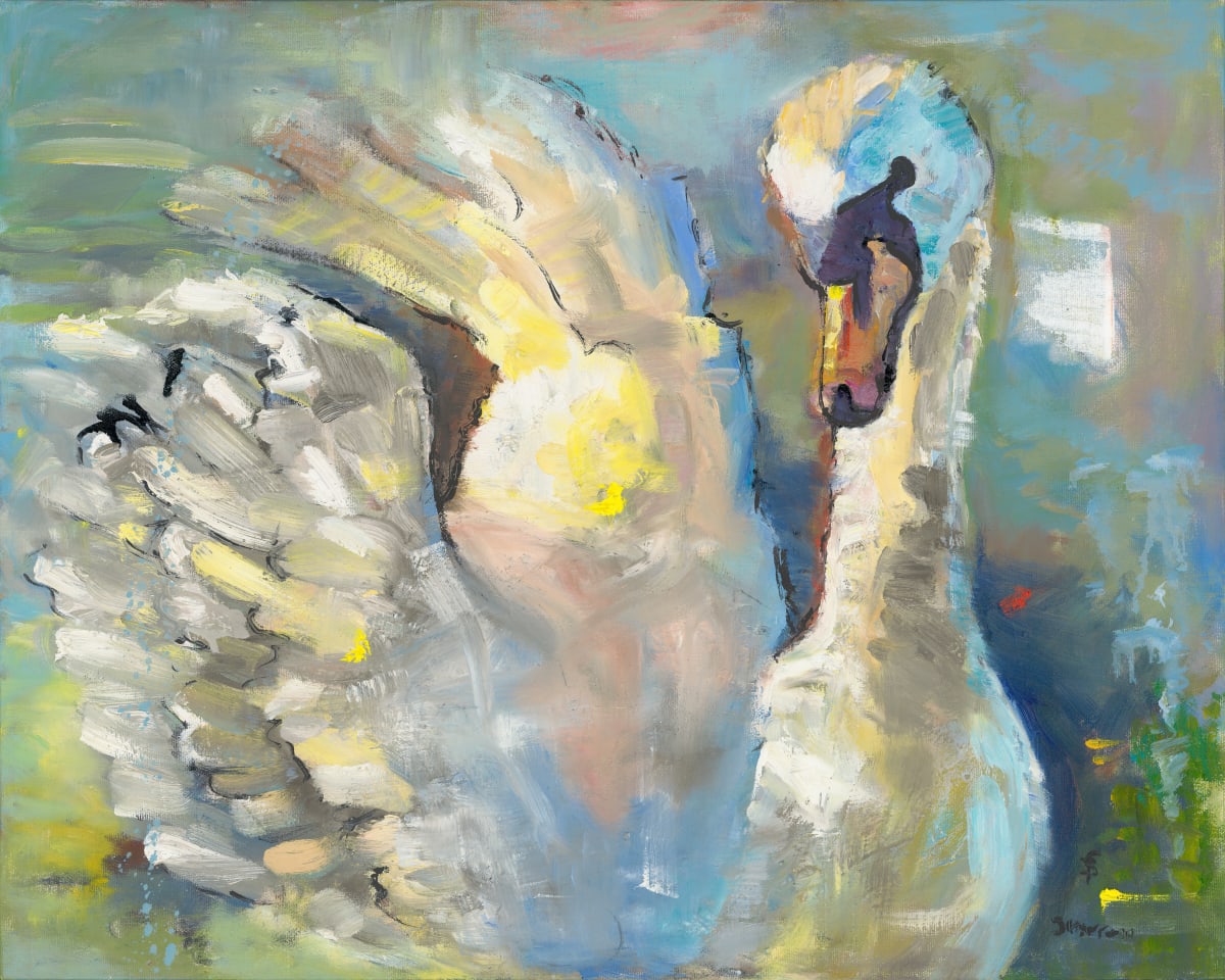 Swan Dance  Image: This was a fun ‘stepping outside the box’ painting for me. I snapped a photo of a swan and I had already started a painting of a woman…from my imagination… and decided to reimpose the swan on top of the face. I gave myself permission to go for it and I was pleasantly surprised at the outcome. So in my eyes the swan is definitely a female. The original  has sold but prints are available.
