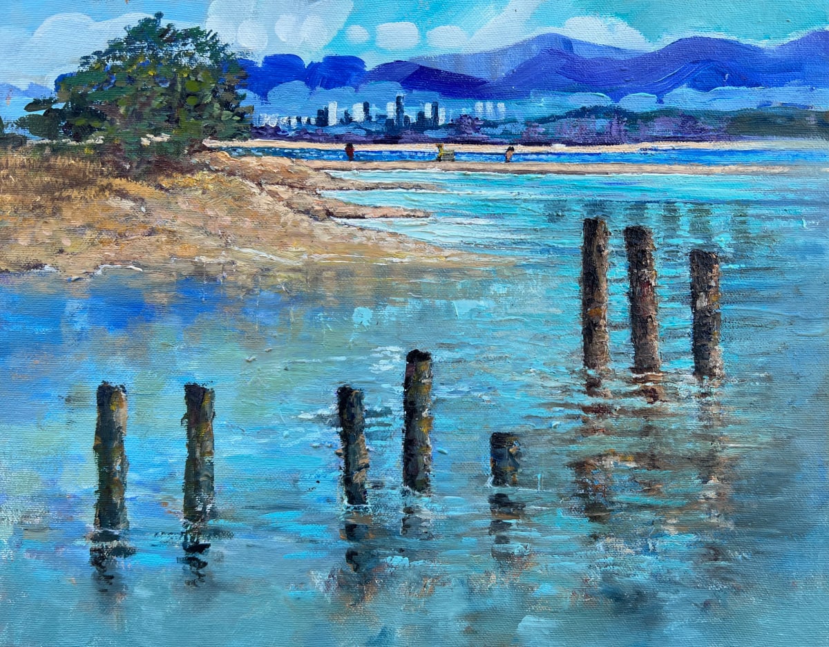 From Blackie Spit  Image: Plein air oil painting with views of North Vancouver mountains, cityscape of Vancouver and leftover pilings from the Blackie Spit Park in BC
