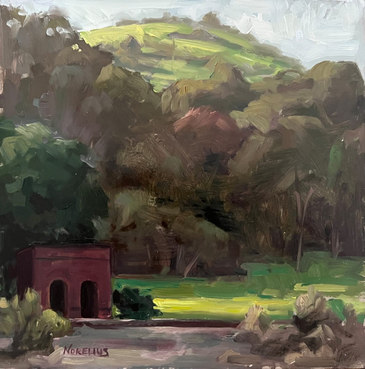 Morning Light Raking Over the Hill, Plein Air by Erica Norelius 