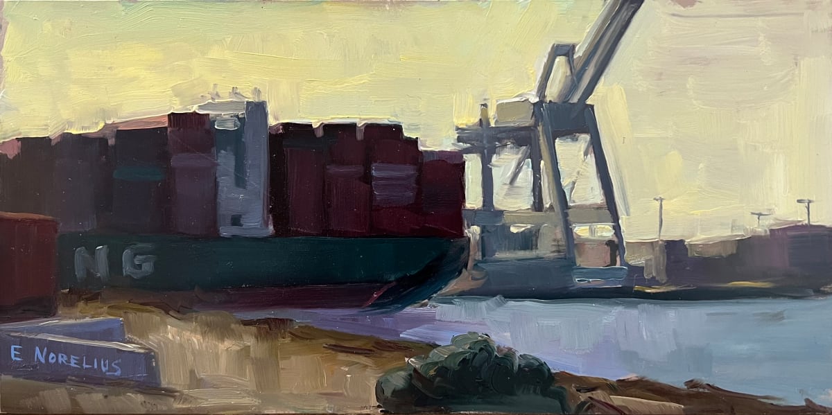 Cargo Ship with Harbor Crane, Plein Air by Erica Norelius 