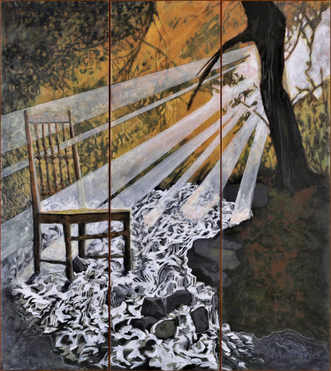 An Invitation to All by Elizabeth Matthews  Image: A family chair stands in a stream of rushing water. Light hits the chair directly even though a dying tree on the dark bank seems to be blocking the rays.  