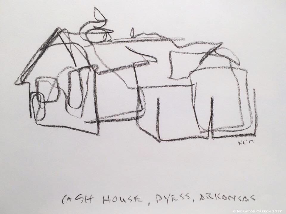 Cash House, Dyess, Mississippi County, Arkansas, single line blind charcoal drawing, drawn on location 