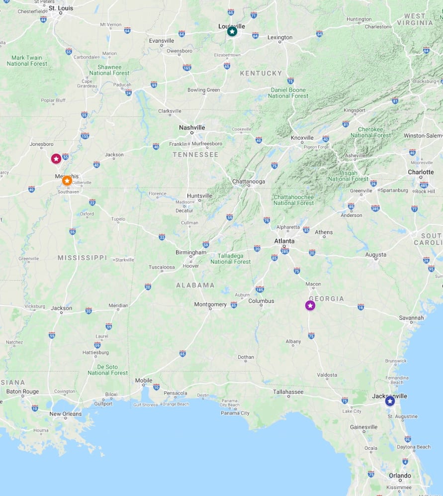 ‘Norwood Women’ Map of the Southeast United States of America highlighting  relevant locations 