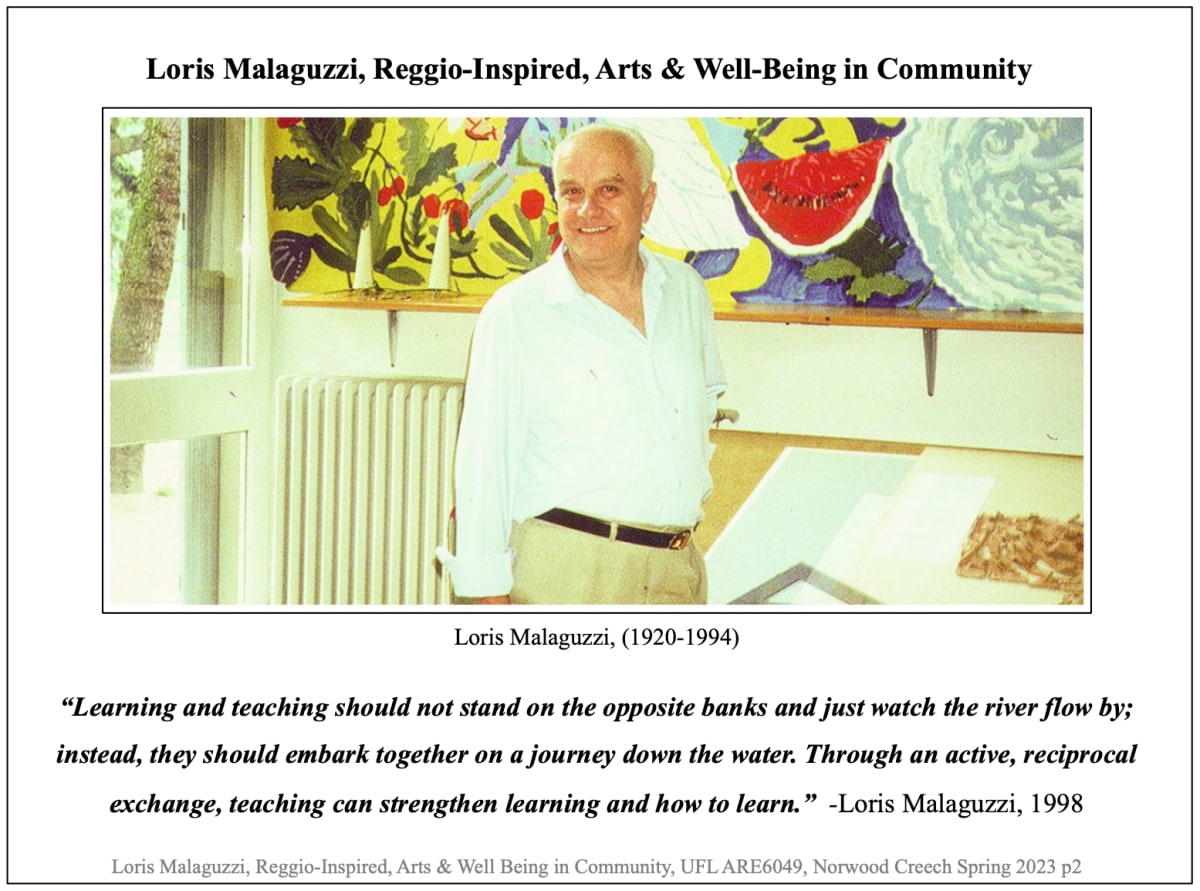 Loris Malaguzzi, Reggio-Inspired, Arts & Well-Being in Community by Norwood Creech  Image: Loris Malaguzzi & the Reggio Approach in Early Childhood Education 

UFL ARE6049, Norwood Creech, Spring 2023 p2.